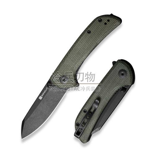 SENCUT Fritch Flipper & Thumb Stud Knife Green 帆布纹米卡塔柄 黑色石洗 9Cr18MoV刃材