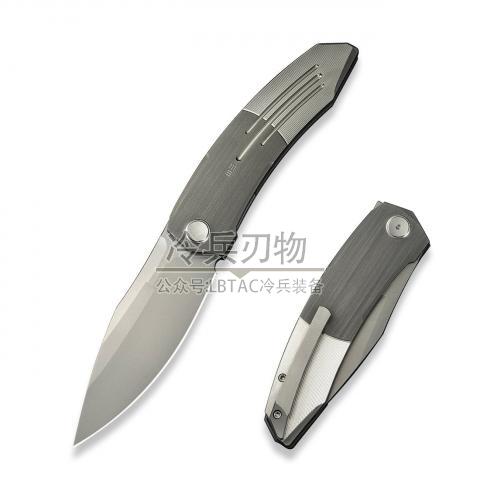 We Knife 正弦波灰色手工橡胶和缎面钛柄鱼鳍快开线锁折（M390 石洗）Sine Wave