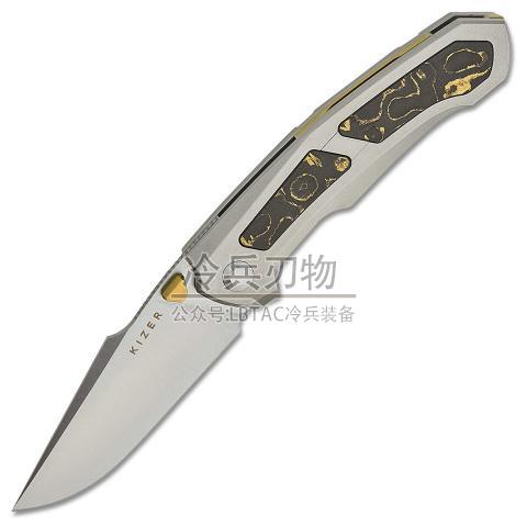 Kizer 凯泽 3694 灰色钛柄黄金迷彩脂肪碳镶嵌架前锁鱼鳍鱼叉头快开折（Z-Wear PM 锻面）Feweed