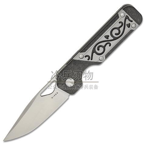 Kizer&Jonathan Styles 轮廓钛和碳纤维柄碳纤维镶嵌框架锁鱼鳍快开折（S45VN 锻面水滴头）Mini Militaw